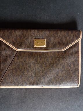 Michael Kors Brown and Tan Signature Envelope Clutch 13"